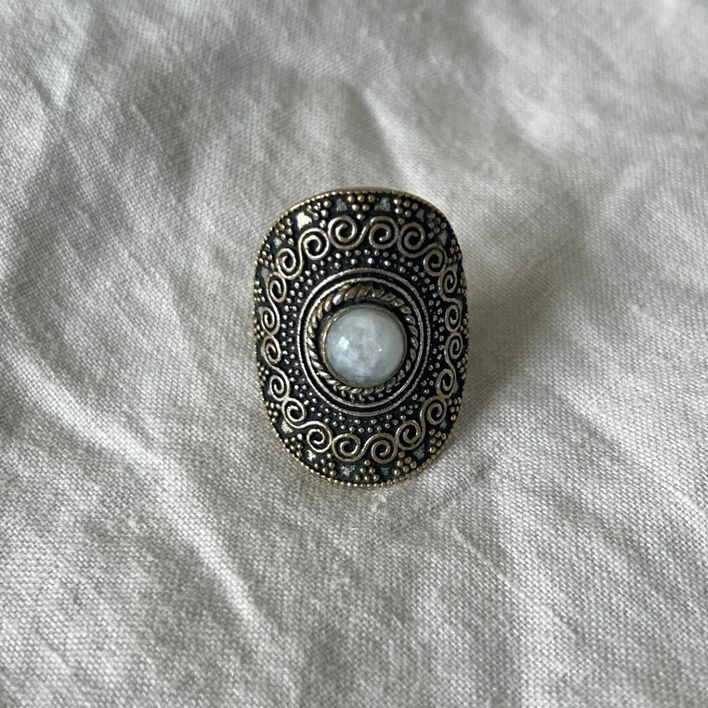Gold Boho Filigree Moonstone Cabochon Statement Ring 9 Celestial Whimsygoth
